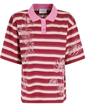 Isabelle Blanche Embellished Striped Polo Shirt - Red