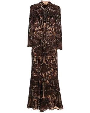 Elie Saab Sequin-Embellished Long-Sleeve Maxi Dress - Brown