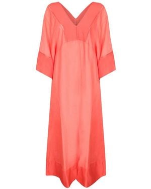120% Lino Robe Mi-Longue À Empiècements - Red