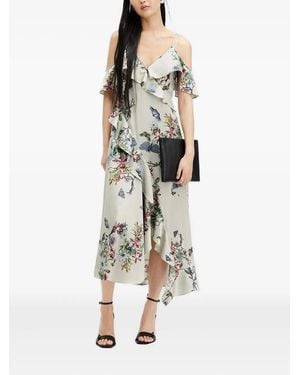 AllSaints Ruffle-detail floral-print midi dress - Blanco