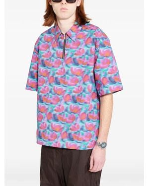 Tres Bien Printed Zipped Polo Shirt - Blue