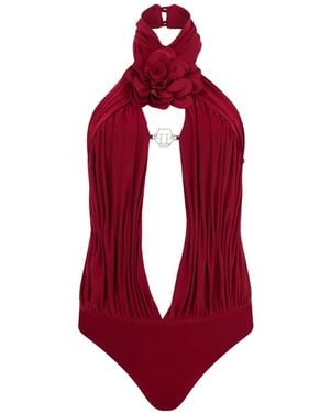 Philipp Plein Flower-Detail Cut-Out Bodysuit - Red