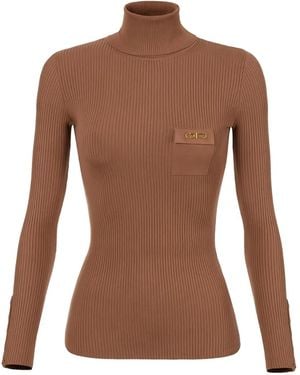 Elisabetta Franchi Ribbed Breast-Pocket Sweater - Brown