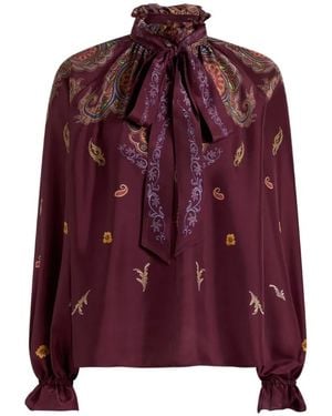 Etro Silk Blouse With Silk Scarf And Placed Floral Paisley Print - Purple