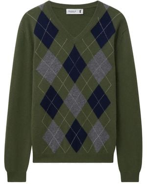 Pringle of Scotland Argyle Intarsia V-Neck Cashmere Sweater - Green