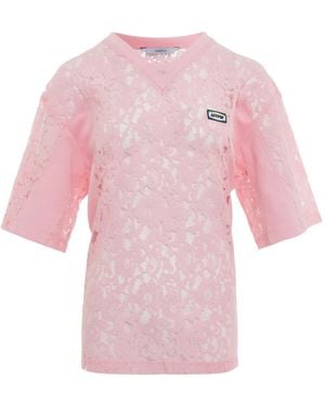 Pushbutton Lace-Panelled T-Shirt - Pink