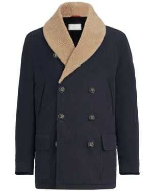 Brunello Cucinelli Manteau À Boutonnière Croisée Et Doublure En Peau Lainée - Bleu