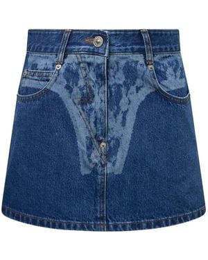 Pushbutton Printed Denim Mini Skirt - Blue