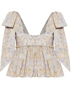 Chloé Floral-Print Bow-Detail Top - Natural