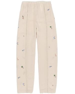 Bimba Y Lola Wide Linen Pants With Lace And Mini Embroidery - White