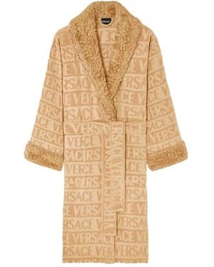 Versace Logo-Jacquard Fleece-Trimmed Robe - Natural