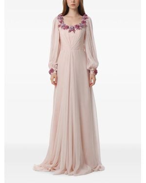 Dina Melwani Floral-Embellished Silk Maxi Dress - Pink