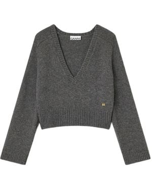 Ganni Deep V-Neck Sweater - Grey