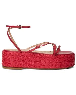 Red(V) Strappy Platform-Sole Espadrilles - Red