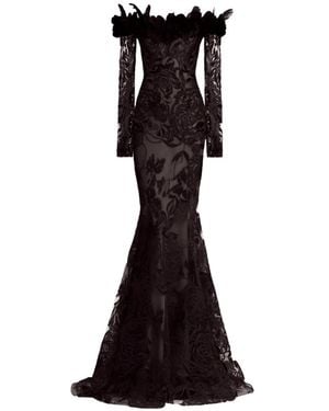 Gemy Maalouf Floral-Lace Feathered Dress - Black