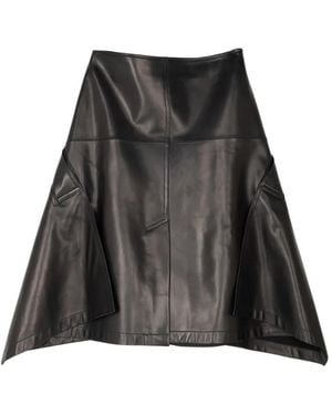 Brandon Maxwell Cascade-Hem Leather Mid Skirt - Black