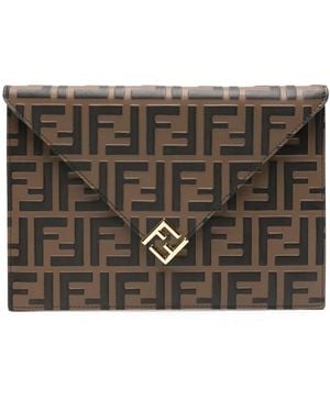 Fendi Ff-Plaque Leather Cluch Bag - Brown
