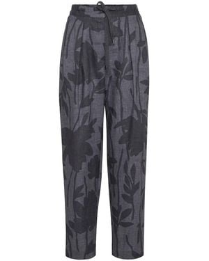 Brunello Cucinelli Floral-Print Linen Trousers - Blue