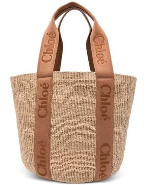 Chloé Large Woody Raffia Logo Tote Bag - Bruin