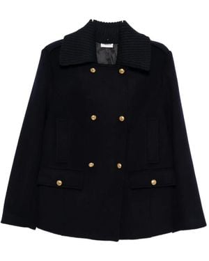 P.A.R.O.S.H. Pure Wool Blazer With Button Accents And Ribbed Knit Collar - Blue