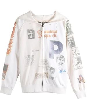 SAITOS Long Live Rock Graphic-Print Distressed Zip-Up Hoodie - White