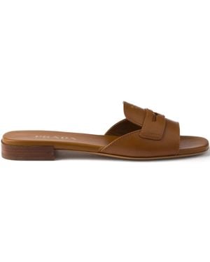 Prada Triangle-Logo Leather Sandals - Brown