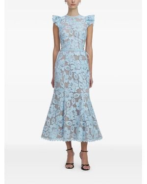 Self-Portrait Floral-Embroidered Midi Dress - Blue
