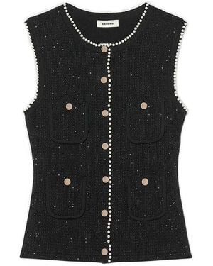 Sandro Pearl-Trimmed Tweed Waistcoat - Black