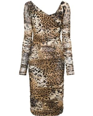 Roberto Cavalli Leopard-Print Mesh Midi Dress - Natural