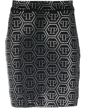 Philipp Plein Crystal-Embellished Monogram-Pattern Mini Skirt - Black