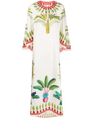 La DoubleJ Flying Palm Tree-Print Poplin Kaftan Dress - White