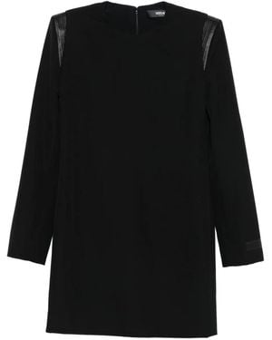 Versace Leather Trim Long Sleeve Wool Grain De Poudre Minidress - Black