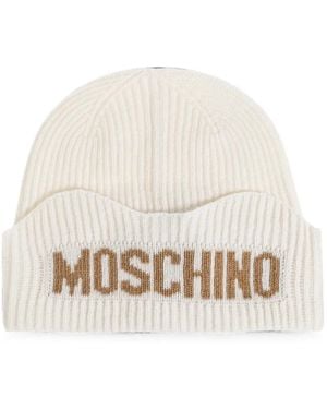 Moschino Logo-Intarsia Ribbed-Knit Beanie Hat - White