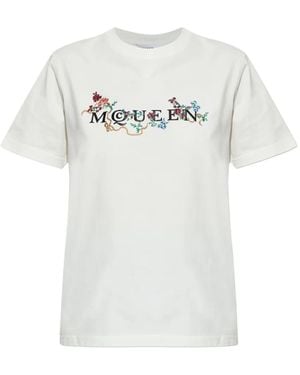 McQueen Floral-Embroidered Logo T-Shirt - White