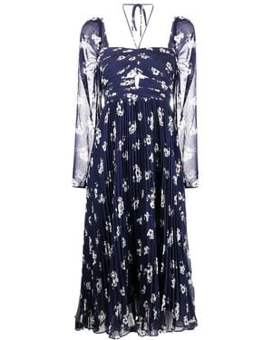 Self-Portrait Pansy-Print Pleated Midi Dress - Blue