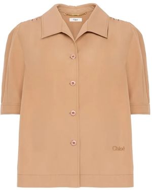 Chloé Logo-Embroidered Gathered-Sleeve Shirt - Natural