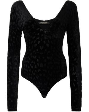 Roberto Cavalli Jaguar-Print Velvet Bodysuit - Black