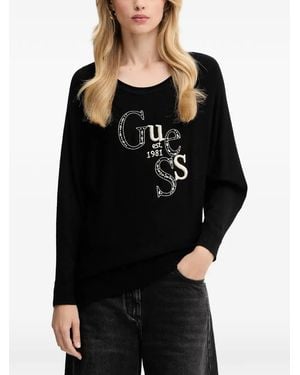 Guess Embroidered Long-Sleeved T-Shirt - Black
