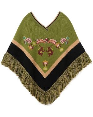 La DoubleJ Poncho Met Geborduurde Franje - Groen