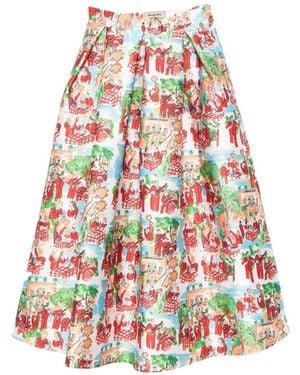 ALESSANDRO ENRIQUEZ Illustrative-Print Pleated Mid Skirt - White