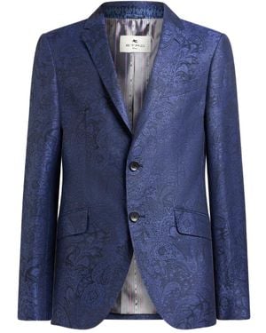 Etro Single-Breasted Linen And Cotton Jacquard Jacket With Floral Paisley Motif - Blue