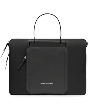 Piquadro Logo-Plaque Leather-Trim Briefcase - Black