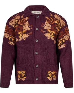 BAZISZT Geknöpfter Nissan Cardigan Mit Blumenintarsie - Rot