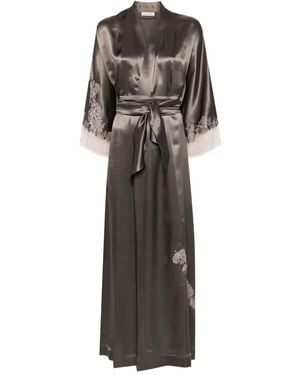 Carine Gilson Lace-Trim Silk Long Robe - Gray