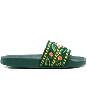 CASABLANCA Floral-Embroidered Slides - Green