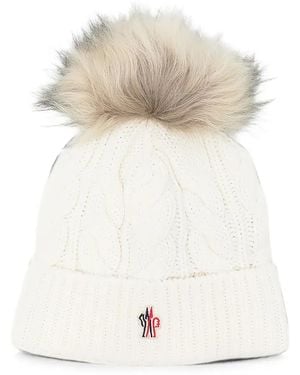 Moncler Cable-Knit Pompom Beanie Hat - White