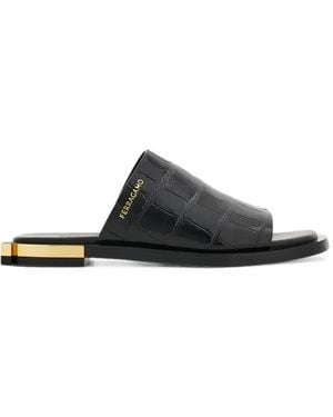 Ferragamo Crocodile-Effect Leather Sandals - Black