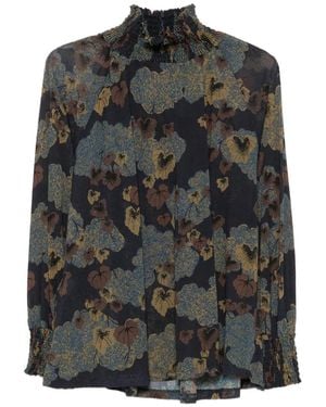 Siyu Floral-Print Smocked-Neck Blouse - Grey