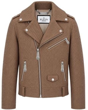 Philipp Plein Woven Leather Biker Jacket - Brown