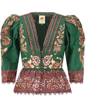 FARM Rio Floral-Print Puff-Sleeves Blouse - Green